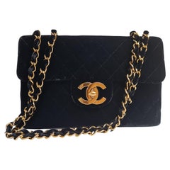 Rare Retro Chanel Black Velvet Quilted Jumbo 24K Large CC Single Flap Bag