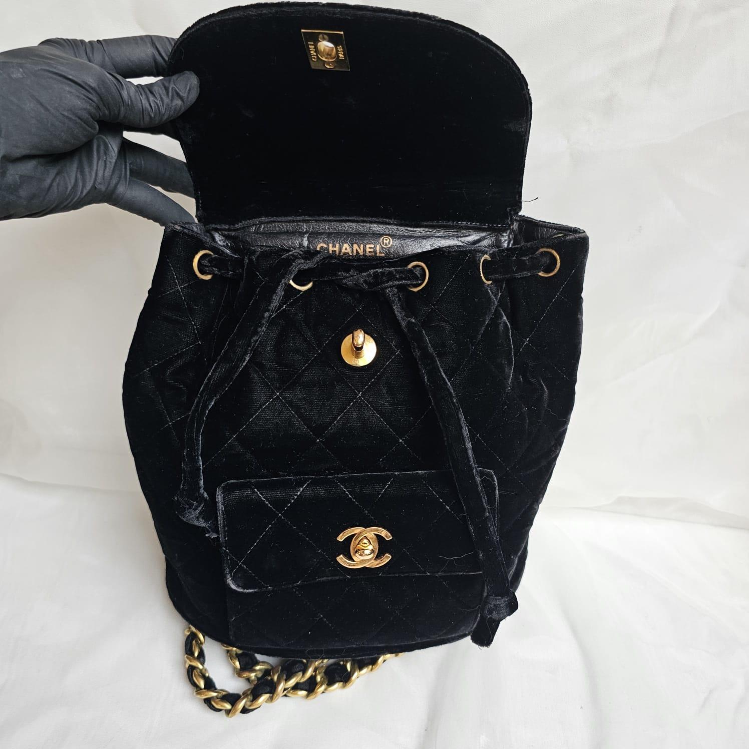 Rare Vintage Chanel Black Velvet Quilted Small Duma Backpack For Sale 15