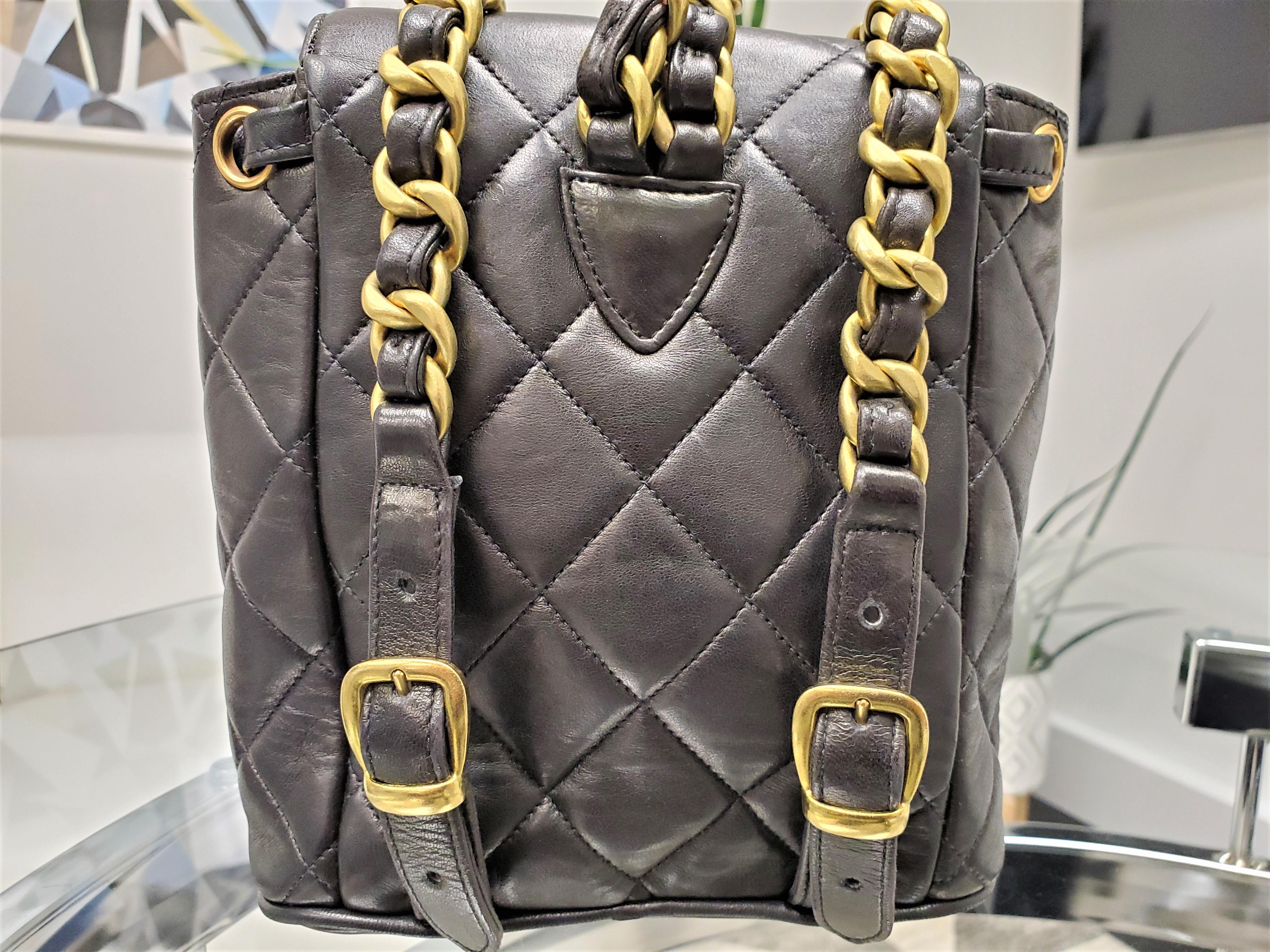 Rare Vintage Chanel CC Duma Micro Mini Quilted Black Lambskin Leather Backpack In Good Condition In Columbia, MO