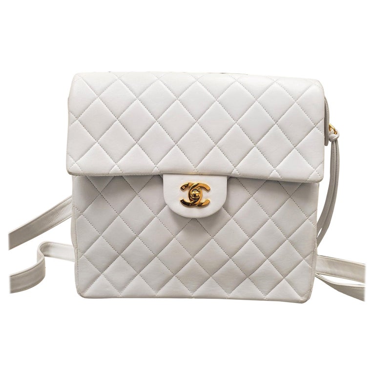 Rare Vintage Chanel CC Quilted White Lambskin Leather Classic Flap Backpack