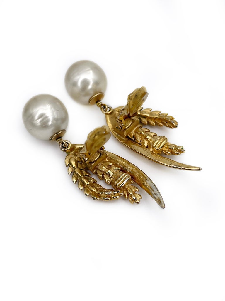 Rare Vintage Chanel Gold Tone Rice Motif Faux Pearl Dangle Clip on Earrings  at 1stDibs