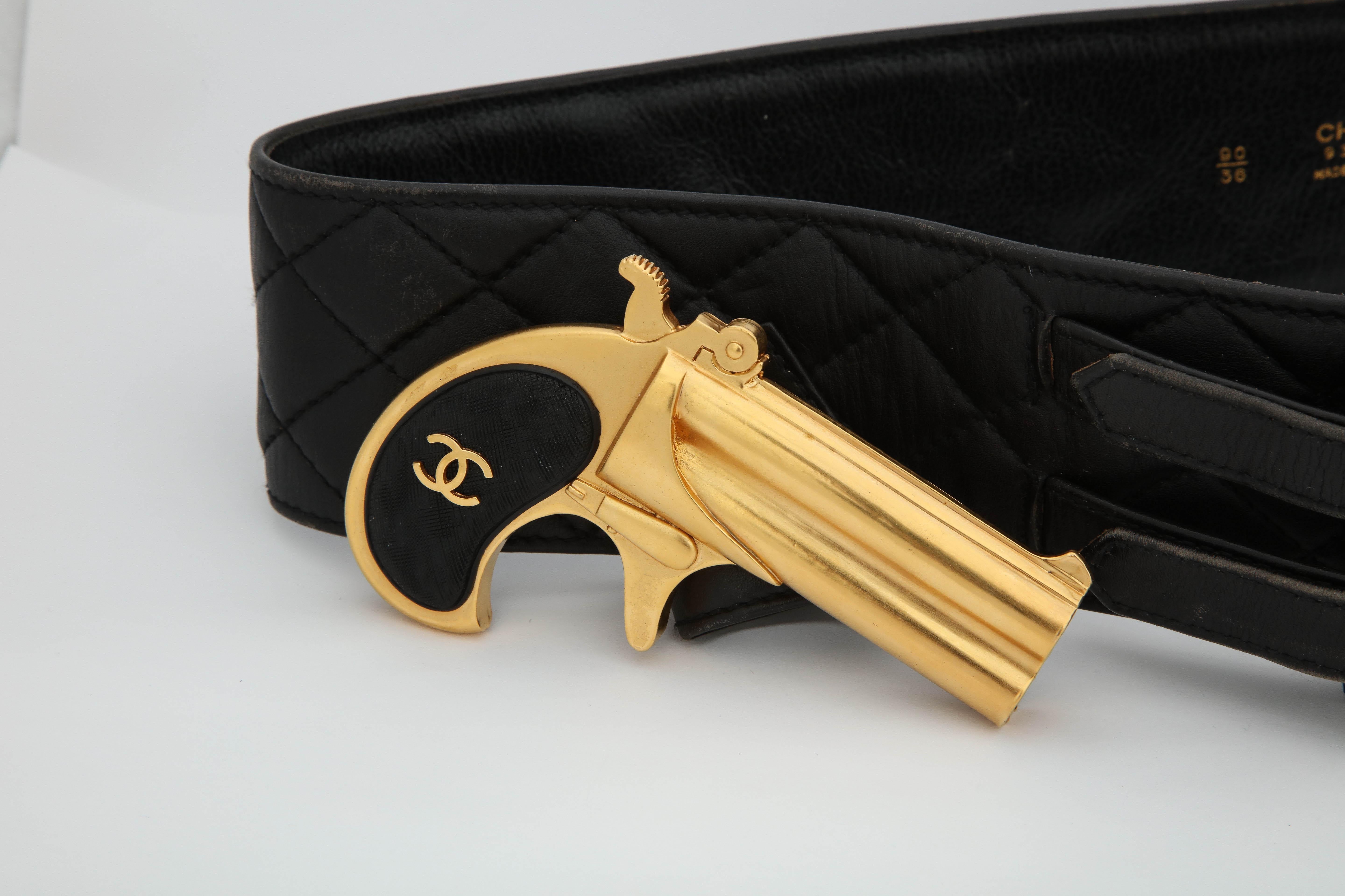 Black Rare Vintage Chanel Gun Motif Leather Belt For Sale