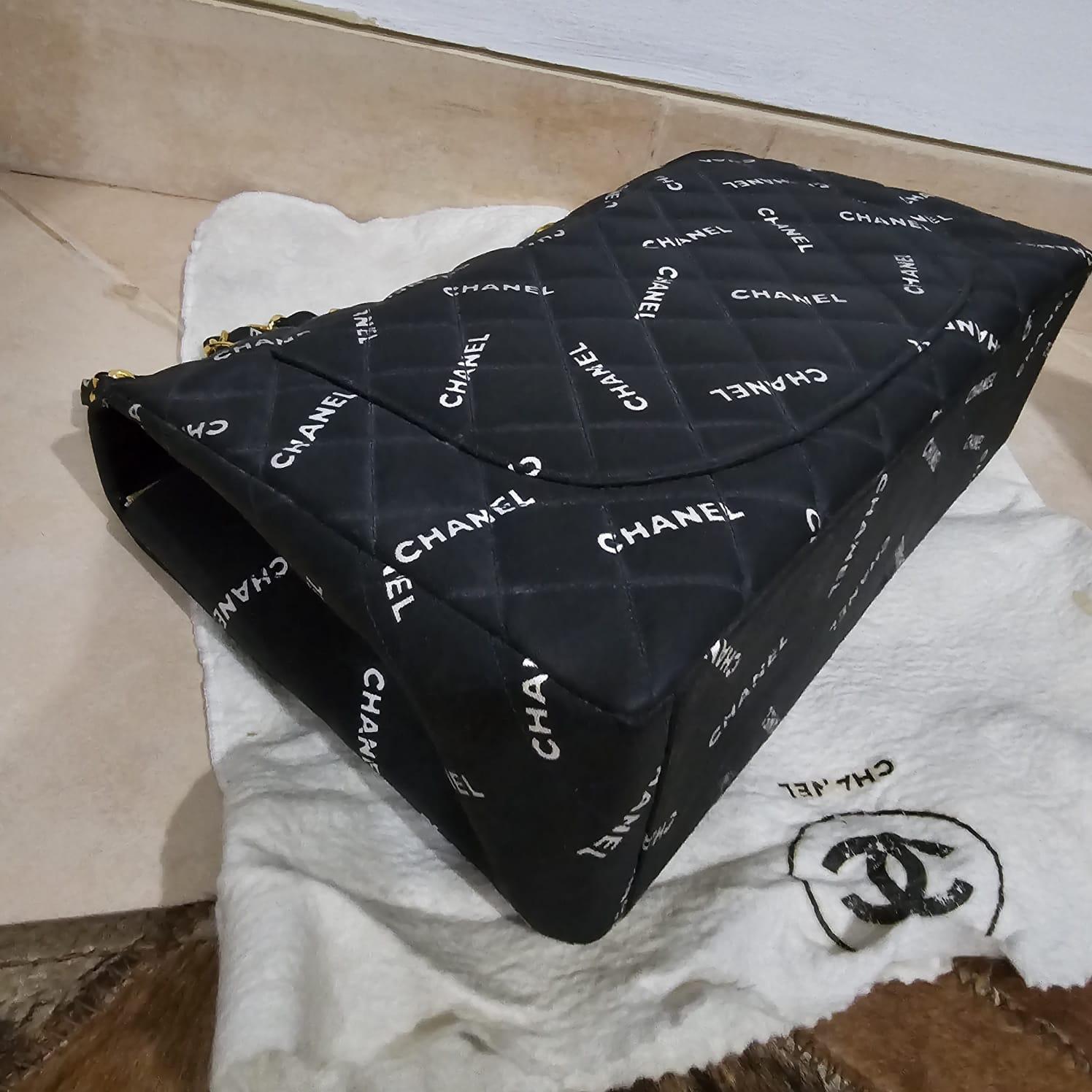 Rare Vintage Chanel Logo Printed Coated Canvas Maxi Flap Bag 6