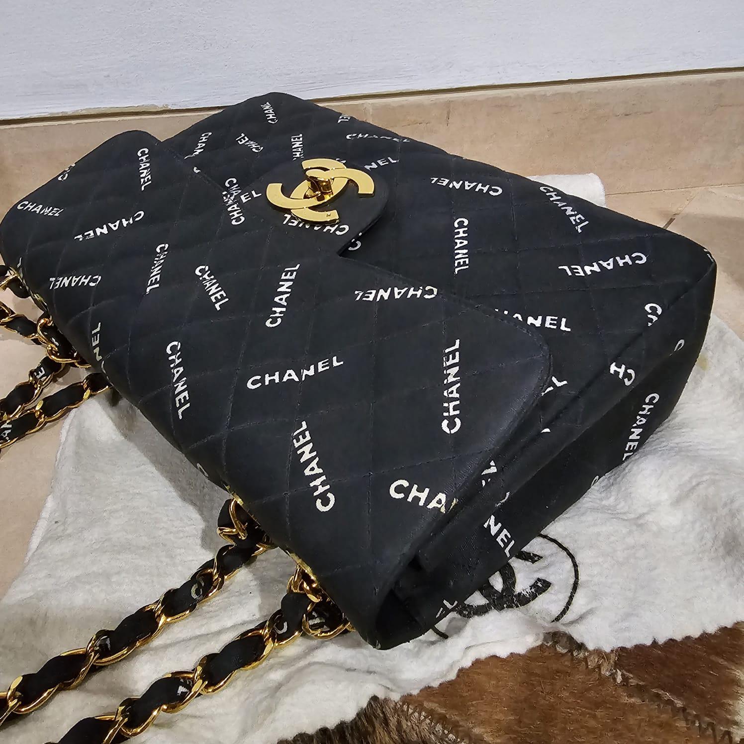 Rare Vintage Chanel Logo Printed Coated Canvas Maxi Flap Bag 7