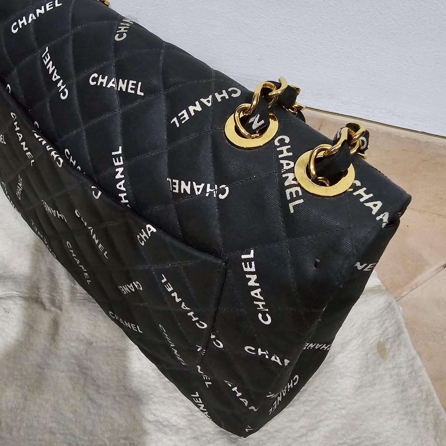 Rare Vintage Chanel Logo Printed Coated Canvas Maxi Flap Bag 3