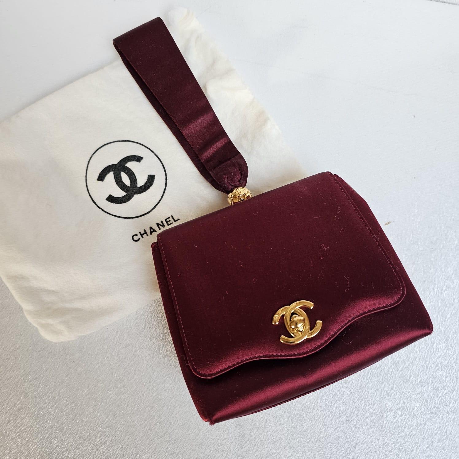 Women's Rare Vintage Chanel Mini Maroon Silk Wriset Evening Bag For Sale