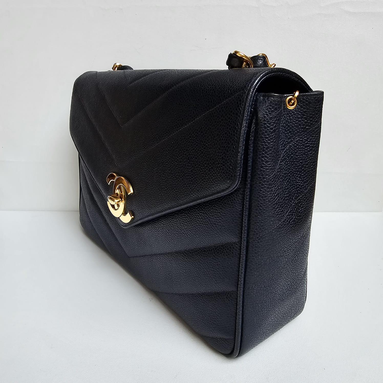 Rare Vintage Chanel Navy Caviar Chevron Quilted Jumbo Big CC Flap Bag For Sale 9