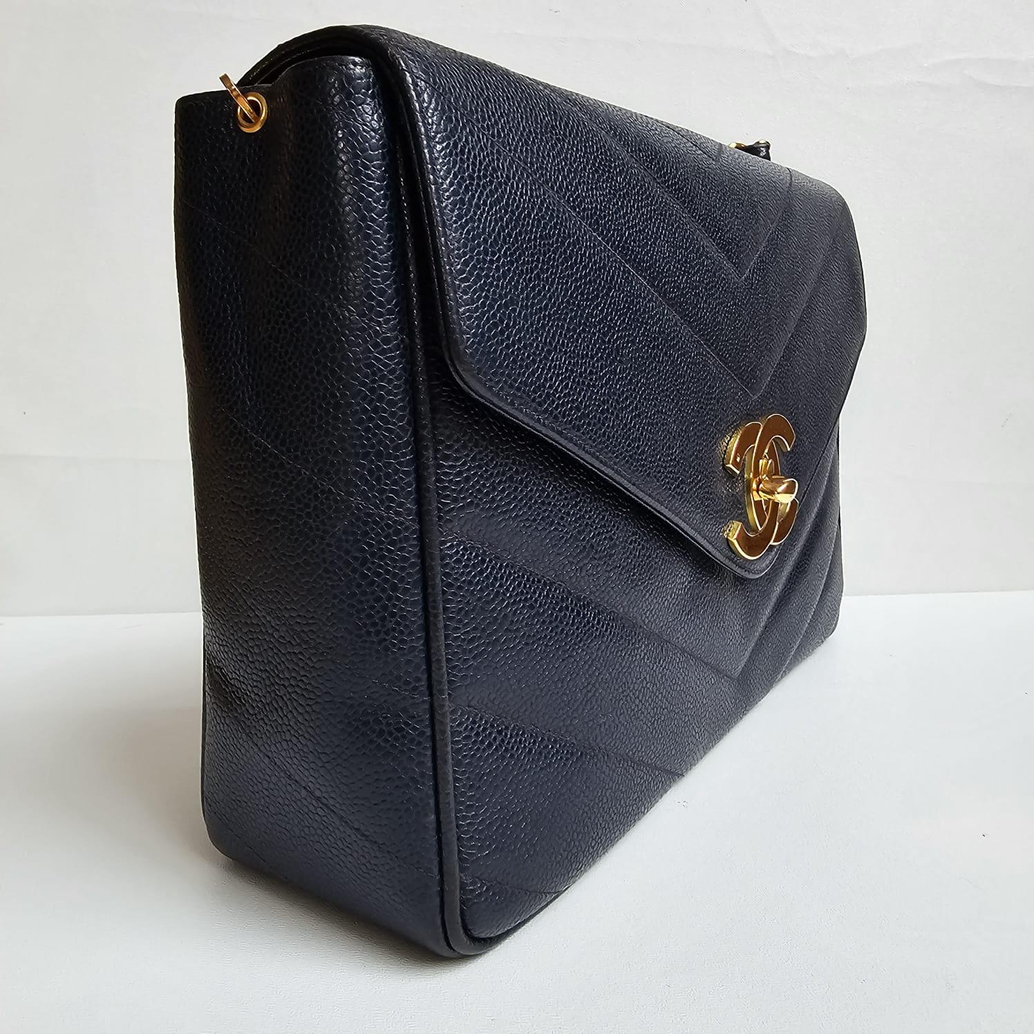 Rare Vintage Chanel Navy Caviar Chevron Quilted Jumbo Big CC Flap Bag For Sale 10
