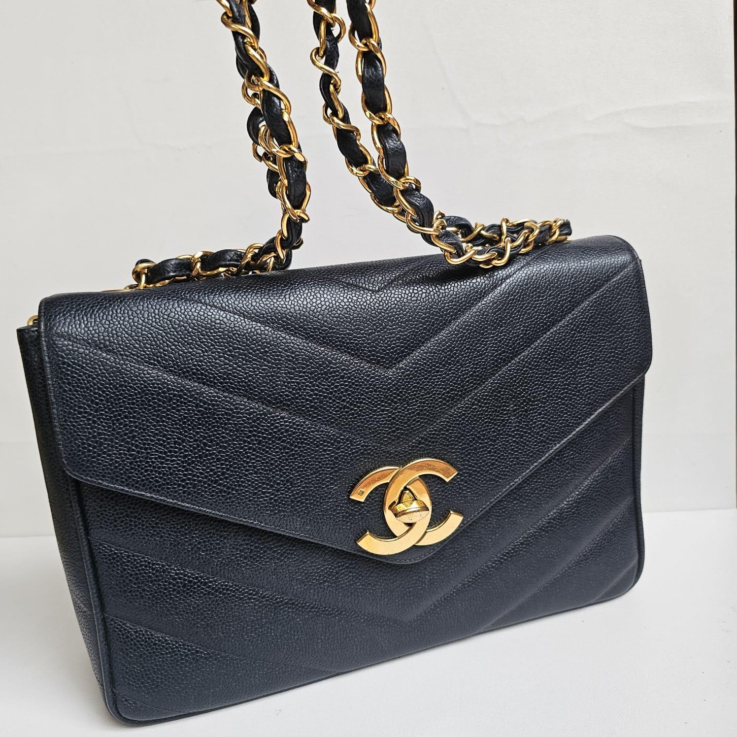 Rare Vintage Chanel Navy Caviar Chevron Quilted Jumbo Big CC Flap Bag For Sale 11