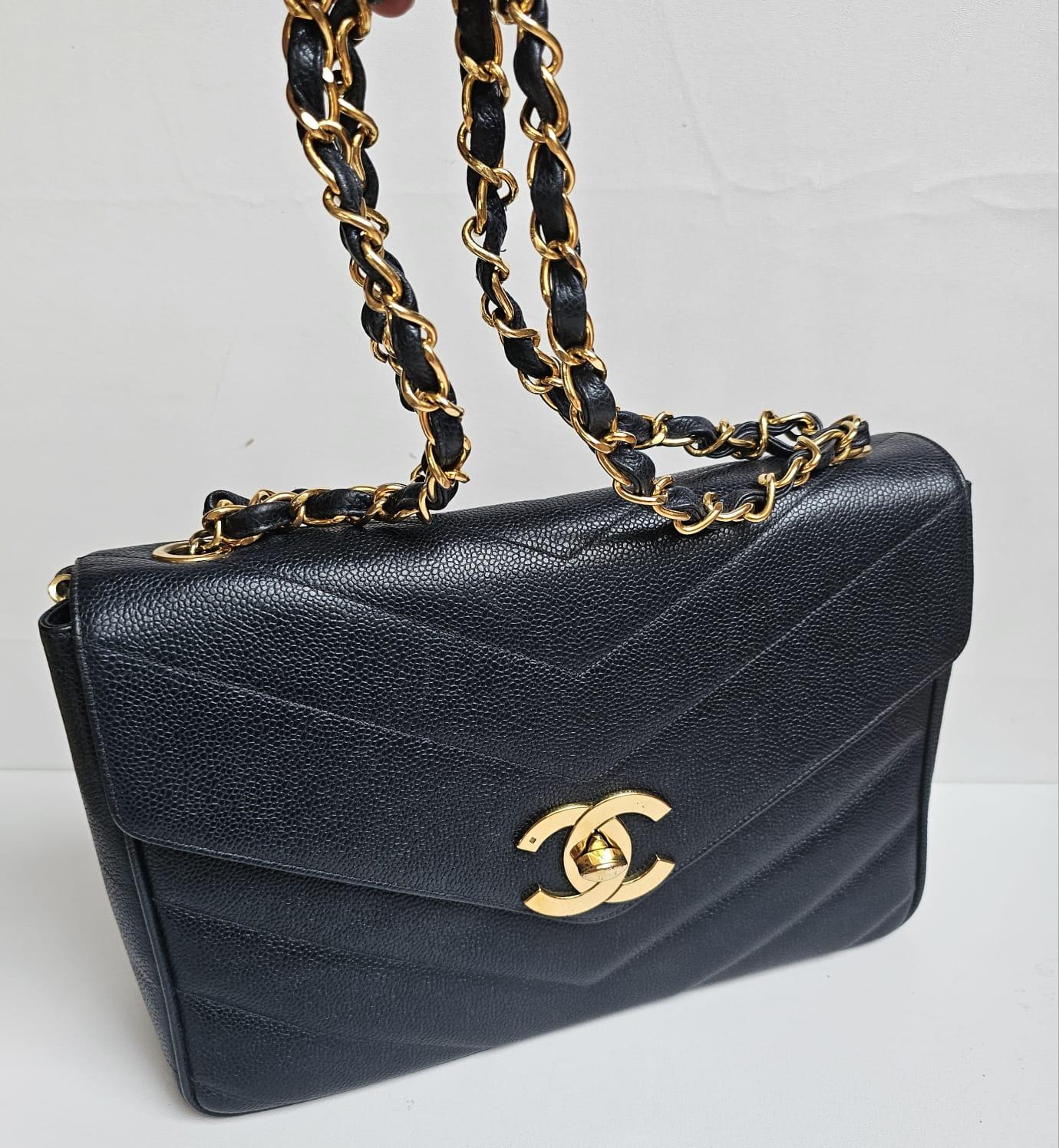 Rare Vintage Chanel Navy Caviar Chevron Quilted Jumbo Big CC Flap Bag For Sale 13