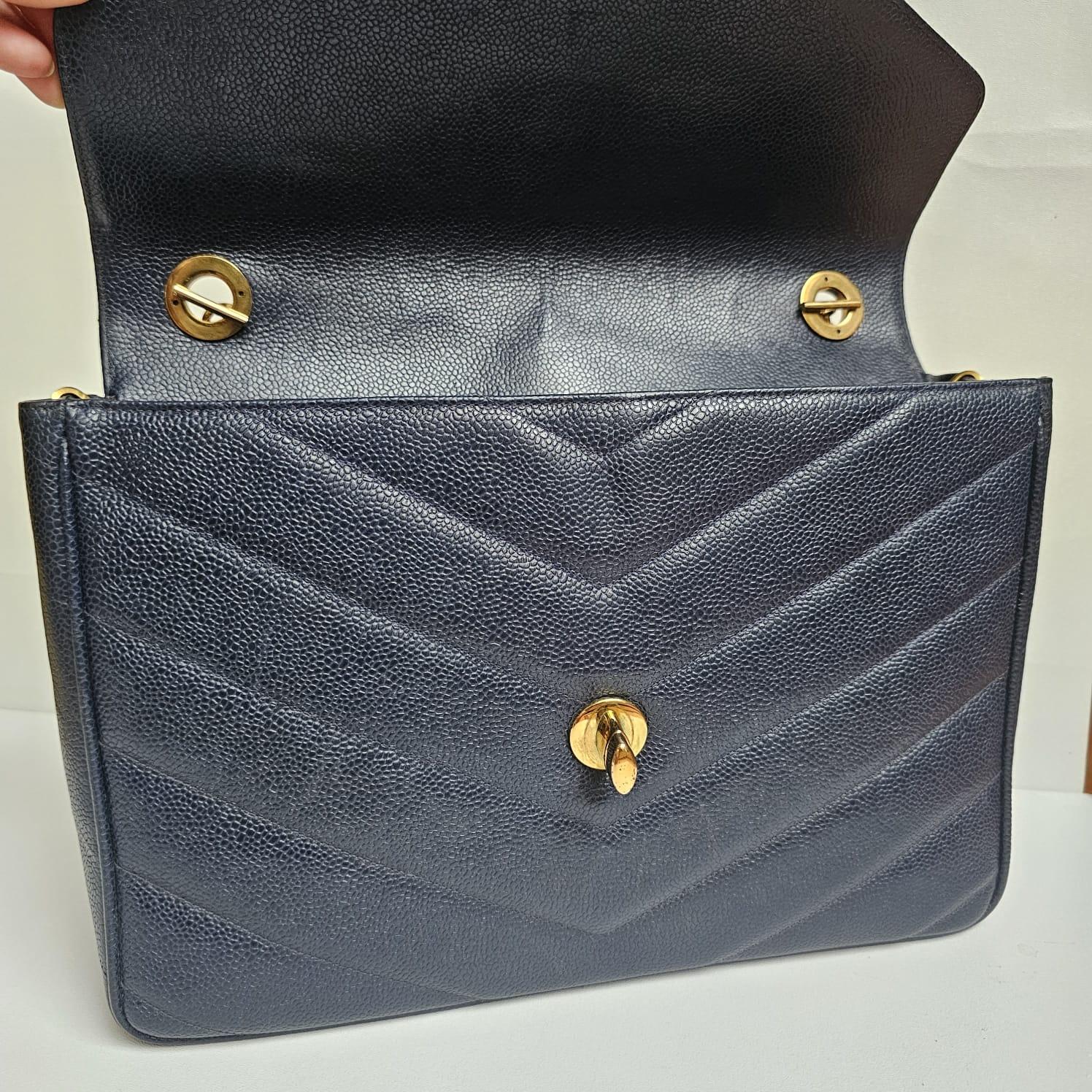 Rare Vintage Chanel Navy Caviar Chevron Quilted Jumbo Big CC Flap Bag For Sale 14