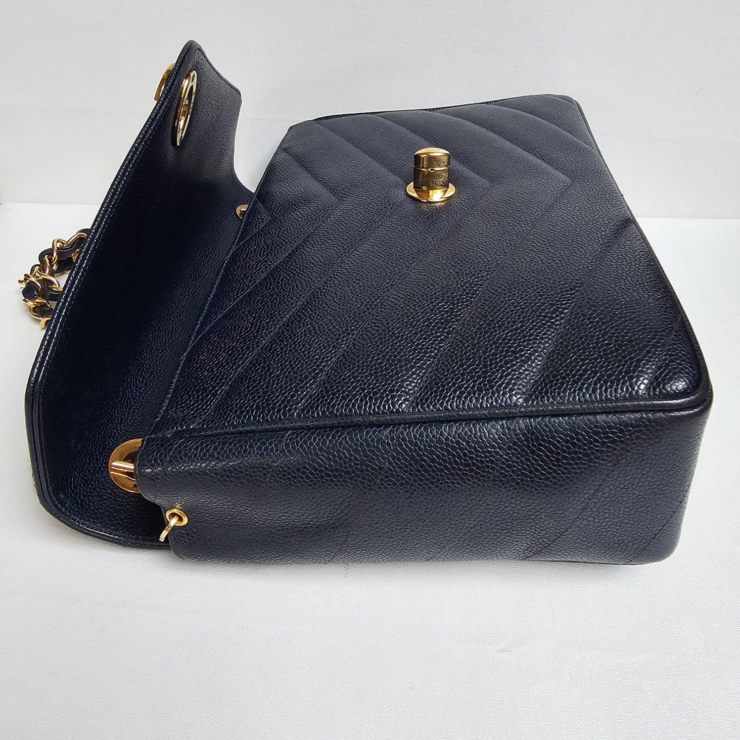 Women's or Men's Rare Vintage Chanel Navy Caviar Chevron Quilted Jumbo Big CC Flap Bag