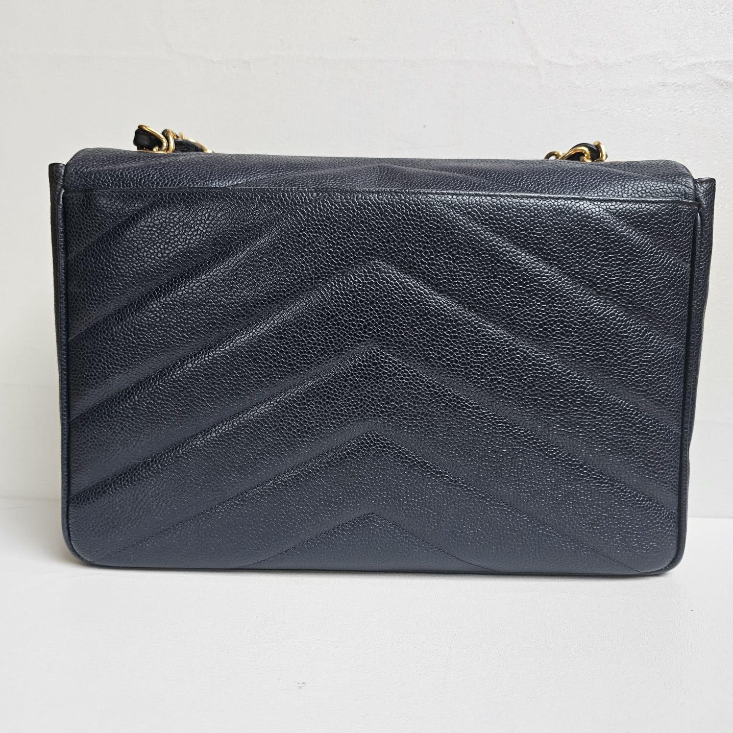 Rare Vintage Chanel Navy Caviar Chevron Quilted Jumbo Big CC Flap Bag For Sale 2