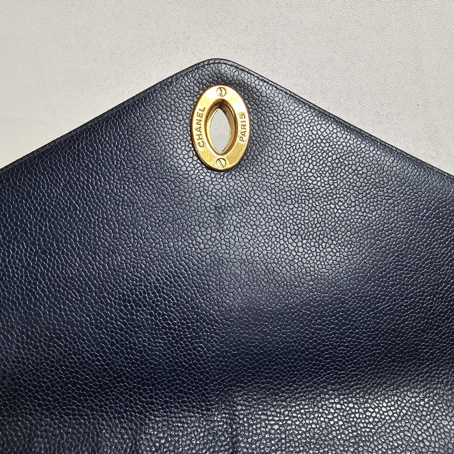 Rare Vintage Chanel Navy Caviar Chevron Quilted Jumbo Big CC Flap Bag For Sale 5