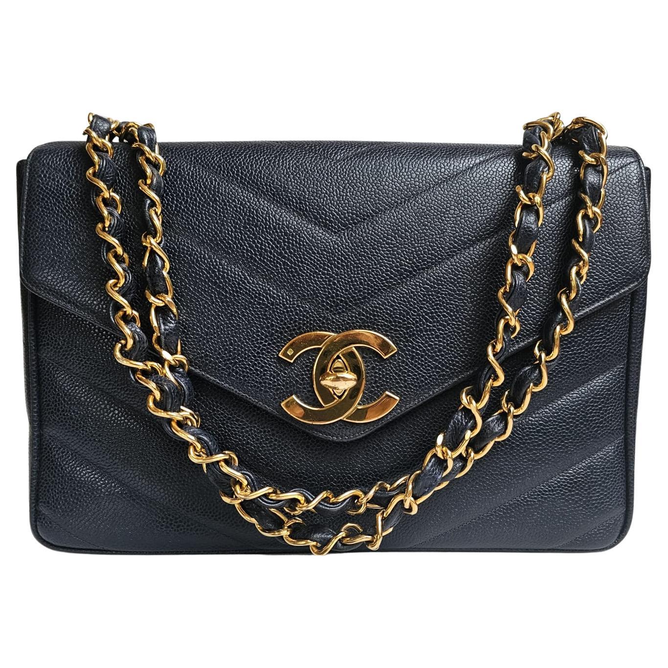Rare Vintage Chanel Navy Caviar Chevron Quilted Jumbo Big CC Flap Bag For Sale