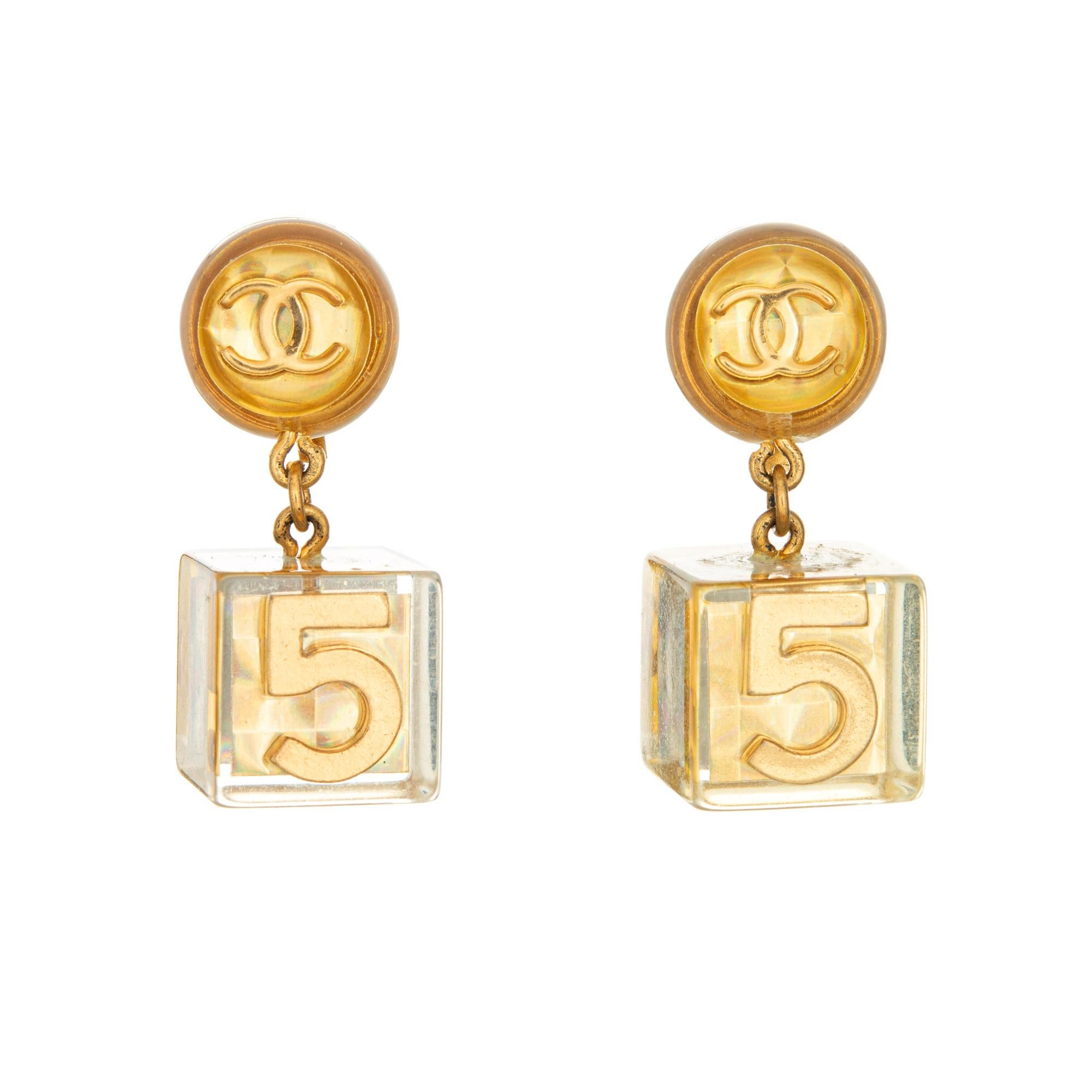 Rare Vintage Chanel No. 5 Cube Earrings 1997 Gold CC Lucite Dangle Drops