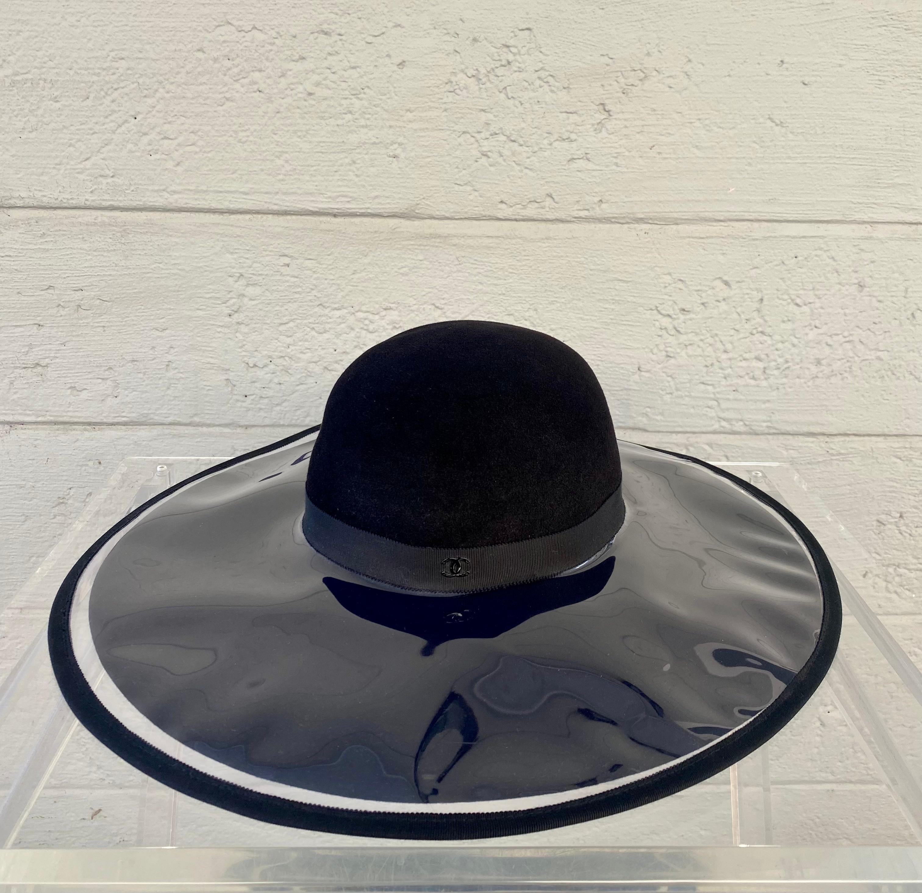 Black Rare Vintage Chanel Runway PVC Wide Brimmed Hat For Sale