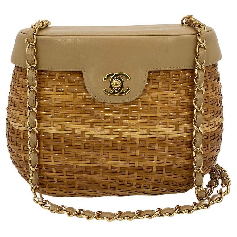 Vintage Rare Chanel Woven Straw Lambskin Beige Shopper Tote For Sale at  1stDibs