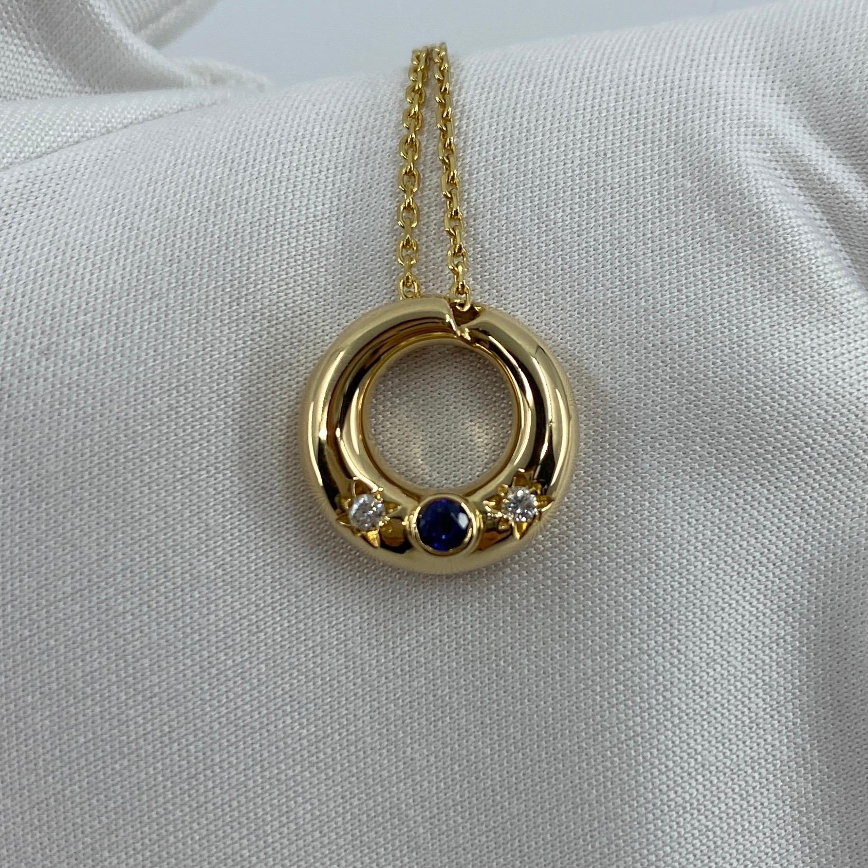 Rare Vintage Chaumet Anneau 18k Yellow Gold Sapphire & Diamond Circle Pendant.

Stunning circle pendant set with x1 3mm blue sapphire and two star-set 2mm diamonds. Fine jewellery houses like Chaumet only use the fines gemstones in their jewellery,