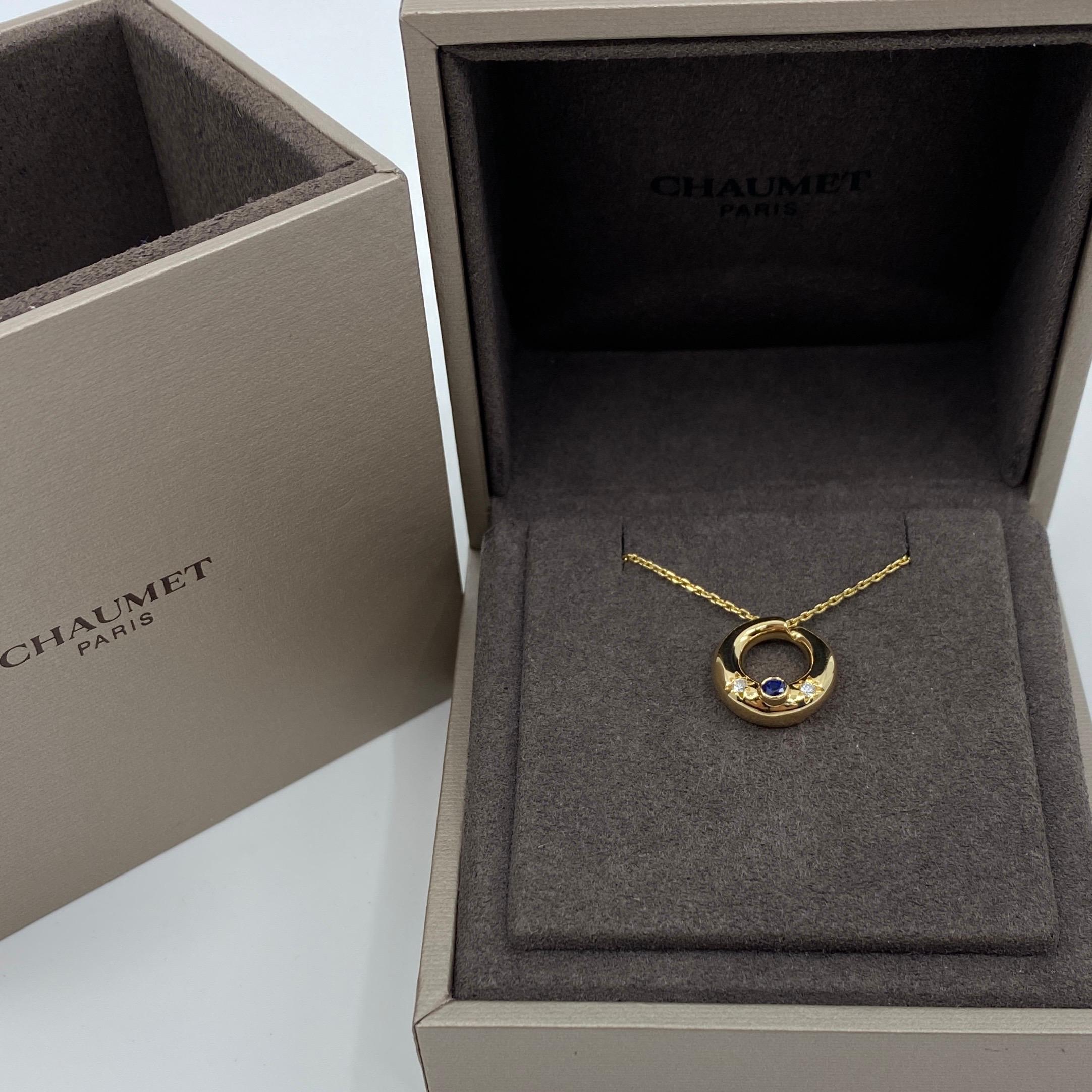 Rare Vintage Chaumet Anneau 18k Yellow Gold Sapphire & Diamond Pendant Necklace In Excellent Condition In Birmingham, GB