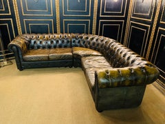 Rare Vintage green brown Chesterfield Corner Couch Made of Real Thick Leather