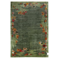Rare Antique Chinese Deco Rug in Green, Gold and Red Border Floral Patterns