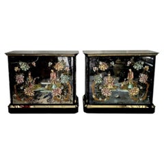 Rare vintage Chinoiserie Emperor Verre Eglomise Mirrored Brass commodes, a pair