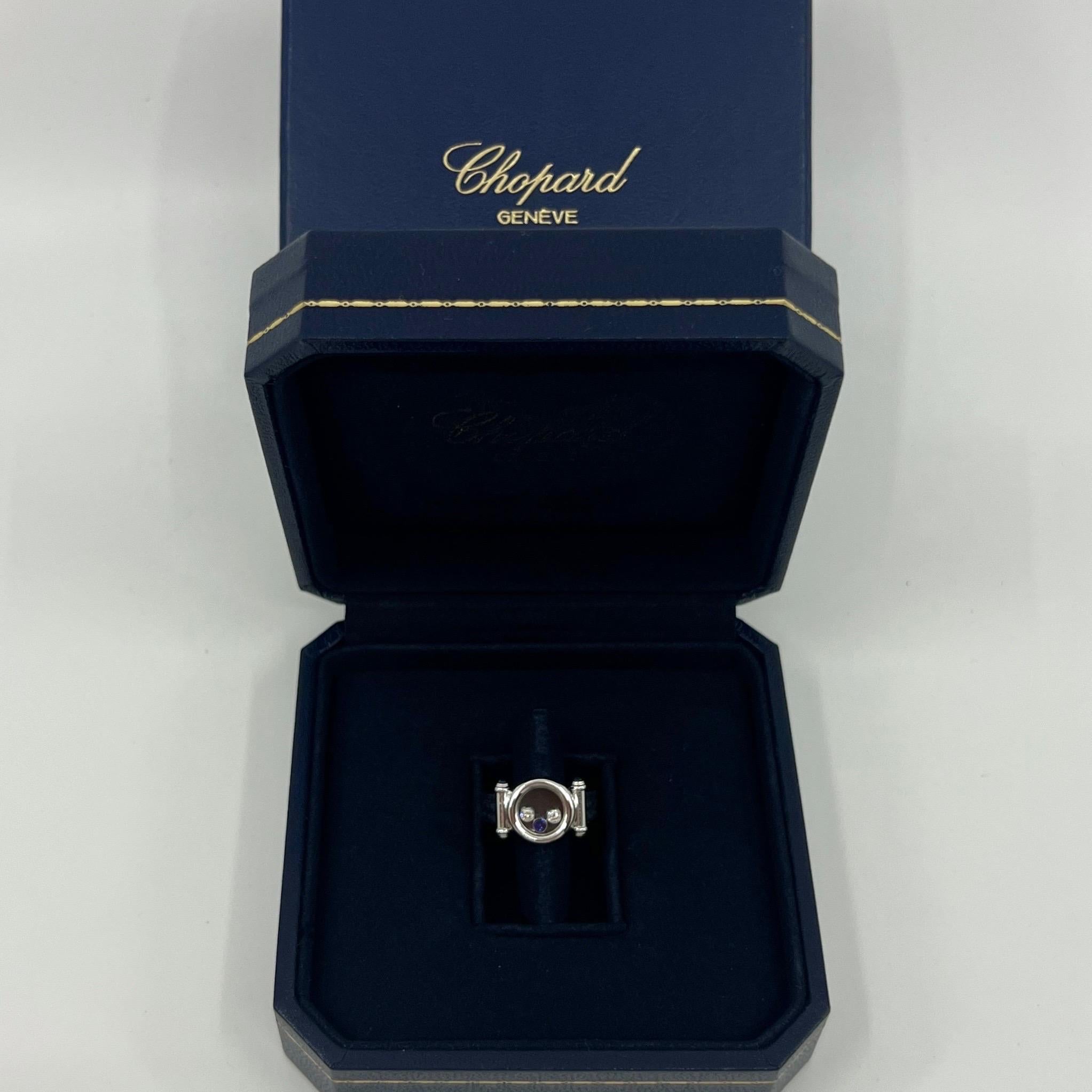 Round Cut Rare Vintage Chopard Happy Diamonds Blue Sapphire & Diamond 18k White Gold Ring For Sale