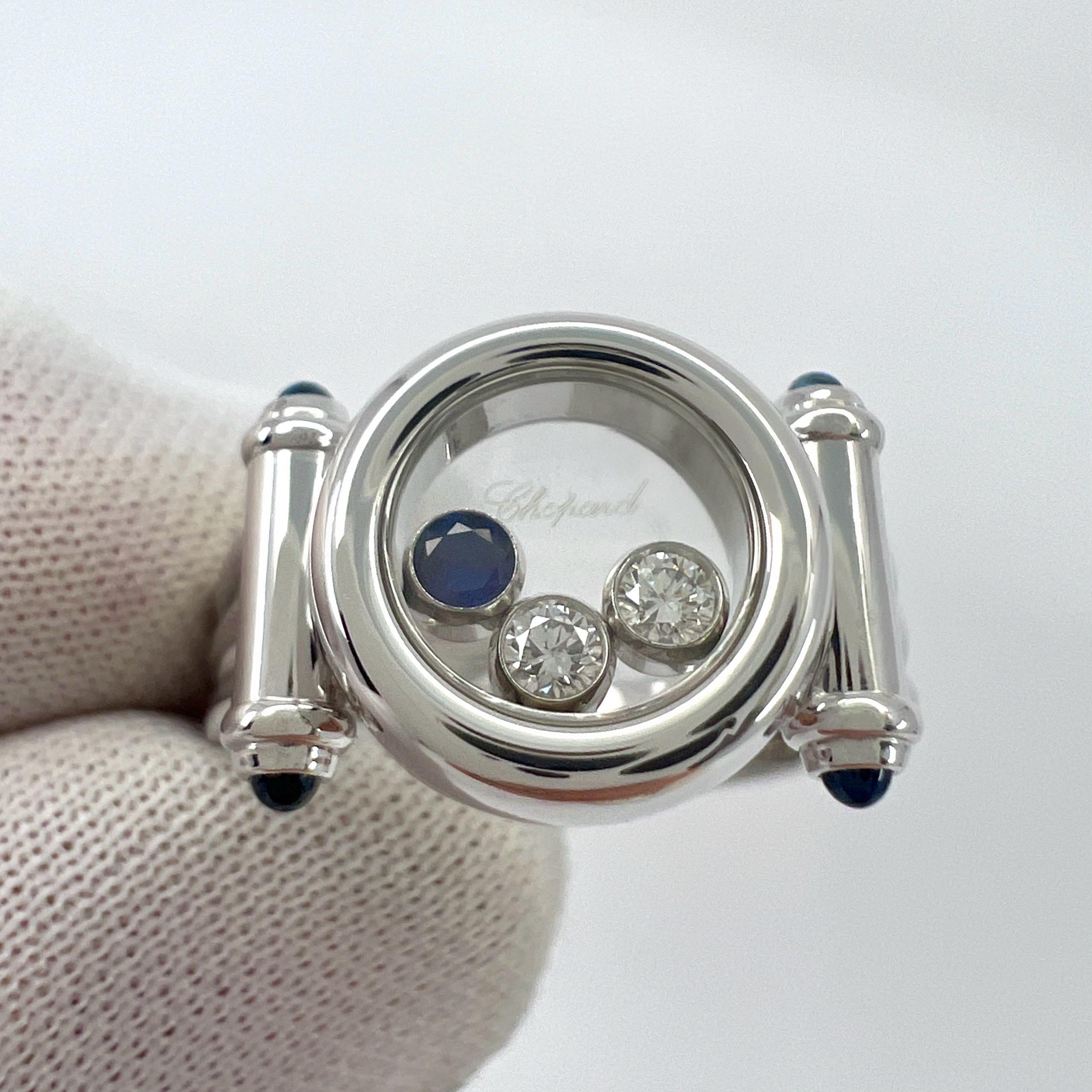 Women's or Men's Rare Vintage Chopard Happy Diamonds Blue Sapphire & Diamond 18k White Gold Ring For Sale