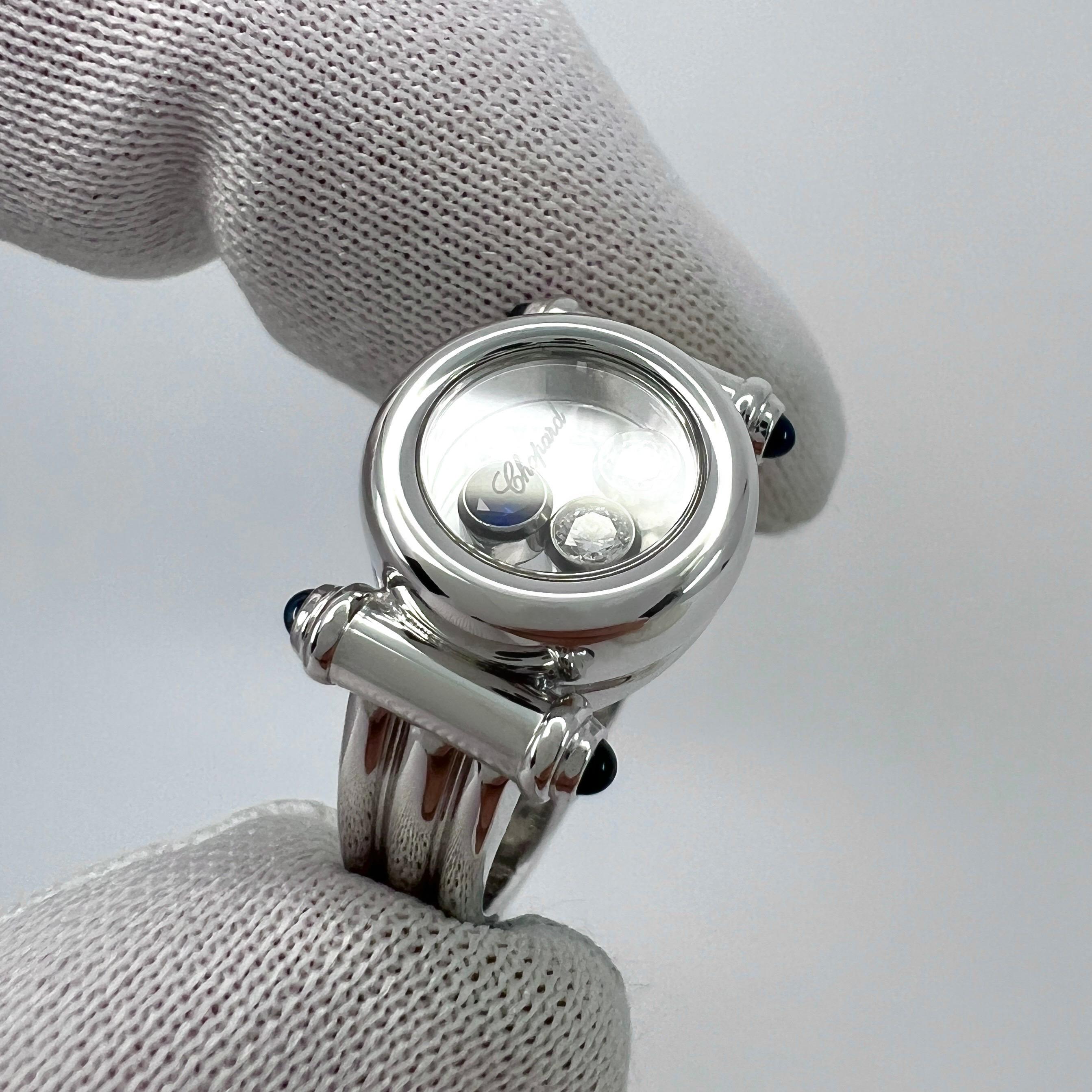Seltener Vintage Chopard Happy Diamonds Ring aus 18 Karat Weißgold mit blauem Saphir und Diamant im Angebot 1
