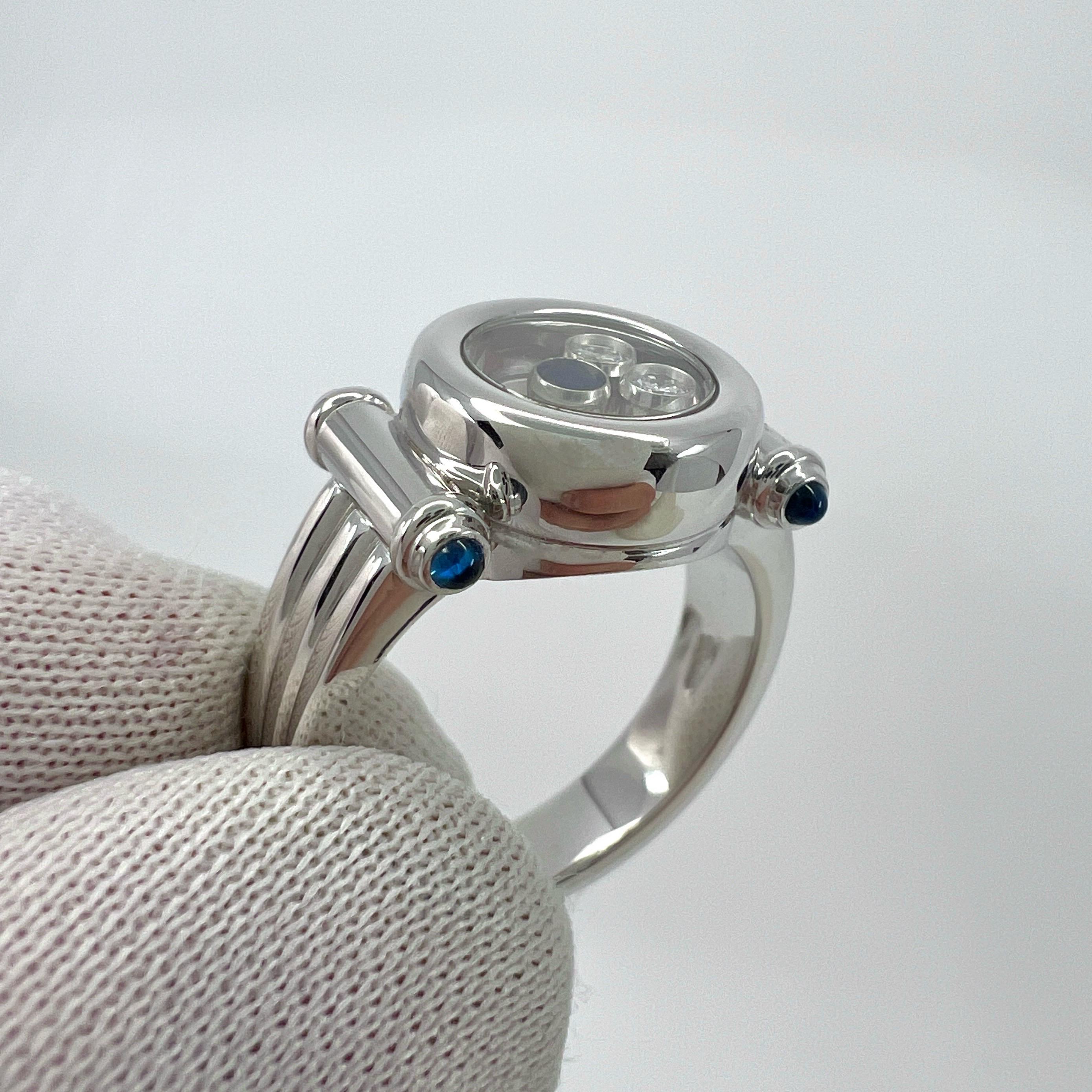 Seltener Vintage Chopard Happy Diamonds Ring aus 18 Karat Weißgold mit blauem Saphir und Diamant im Angebot 4
