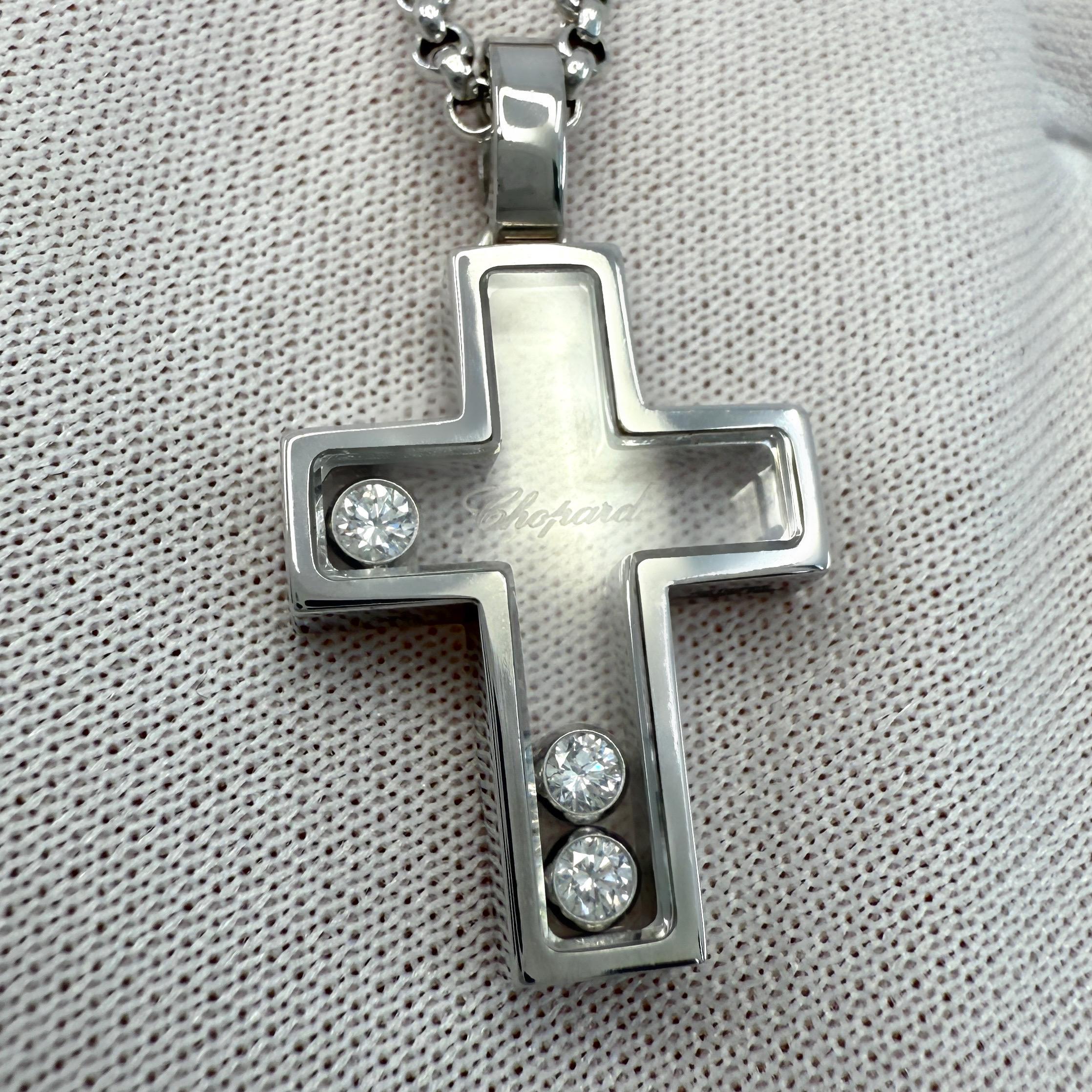 Round Cut Rare Vintage Chopard Happy Diamonds Cross 18 Karat White Gold Pendant Necklace For Sale