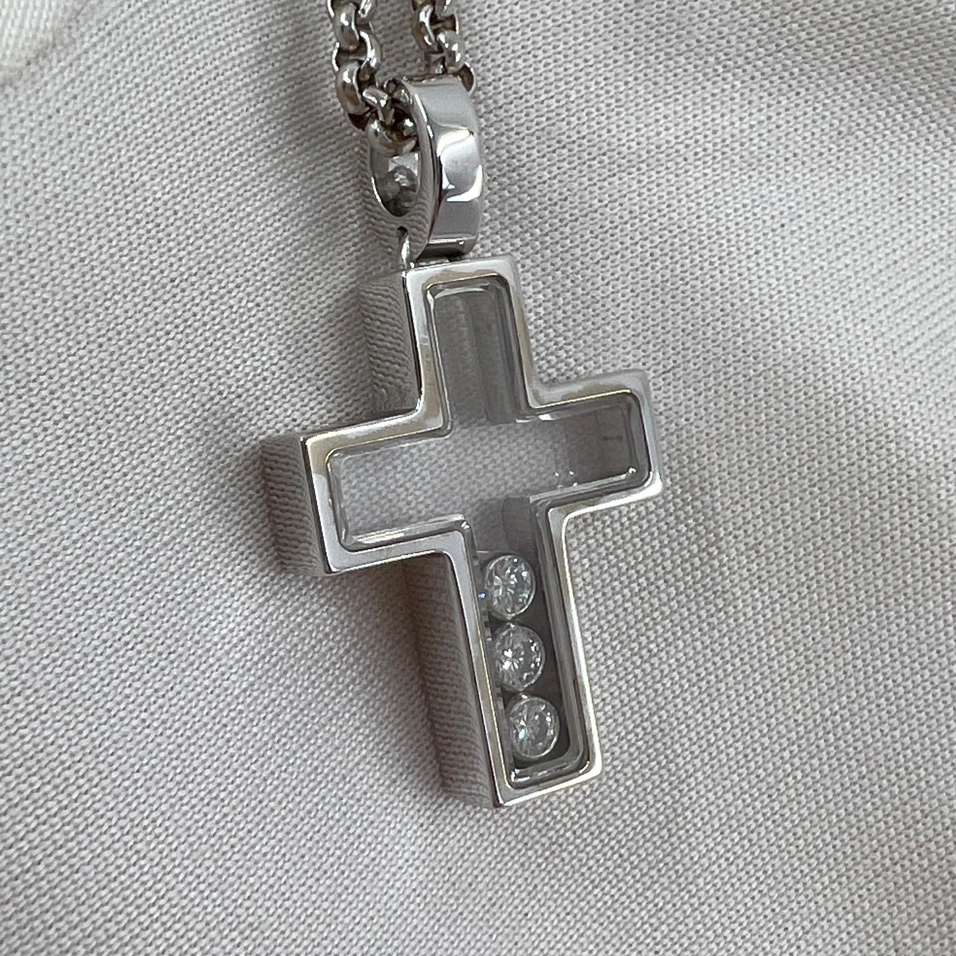 Round Cut Rare Vintage Chopard Happy Diamonds Cross 18 Karat White Gold Pendant Necklace