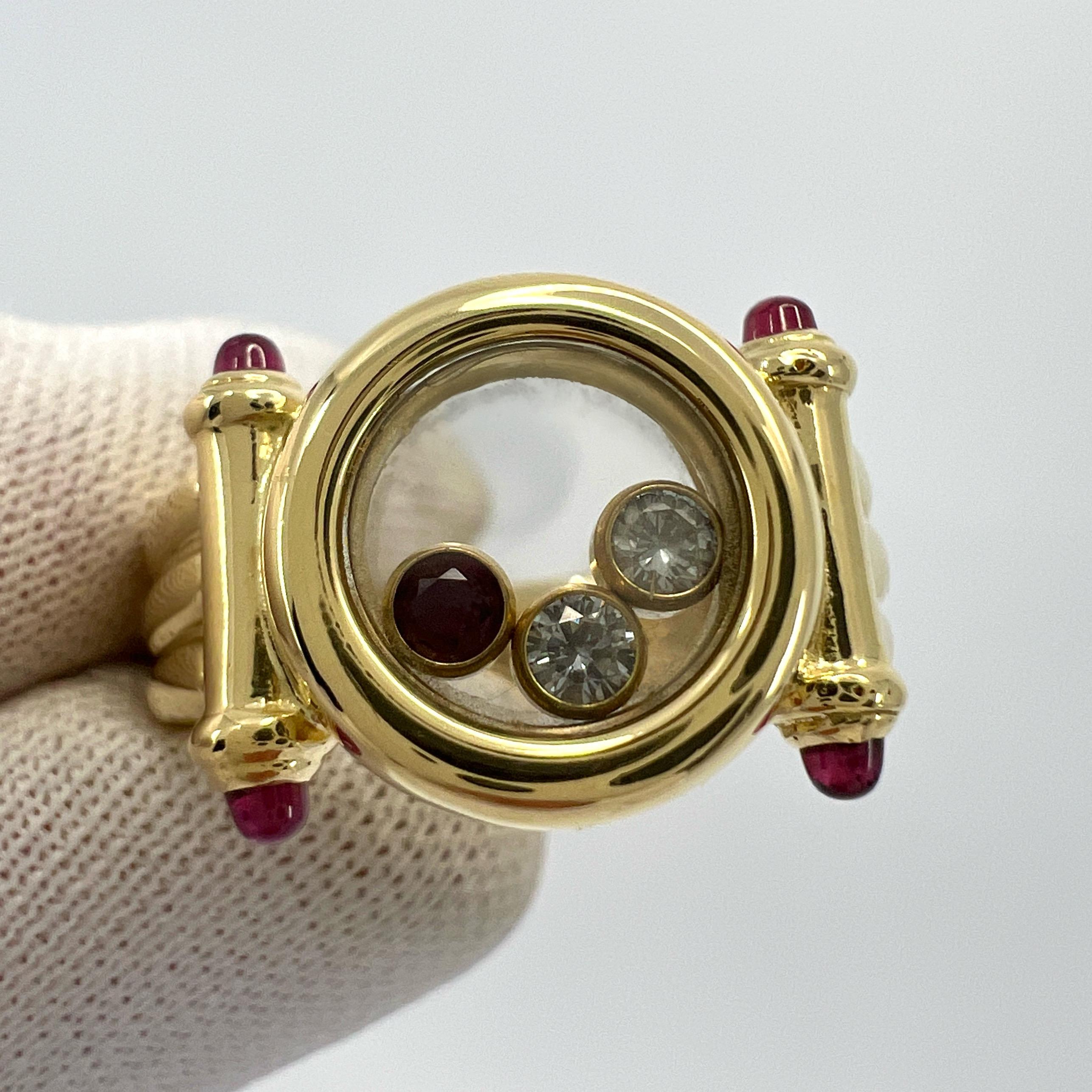 Seltener Vintage Chopard Happy Diamonds Diamanten Rubin & Diamant 18k Gelbgold Ring mit Schachtel 6