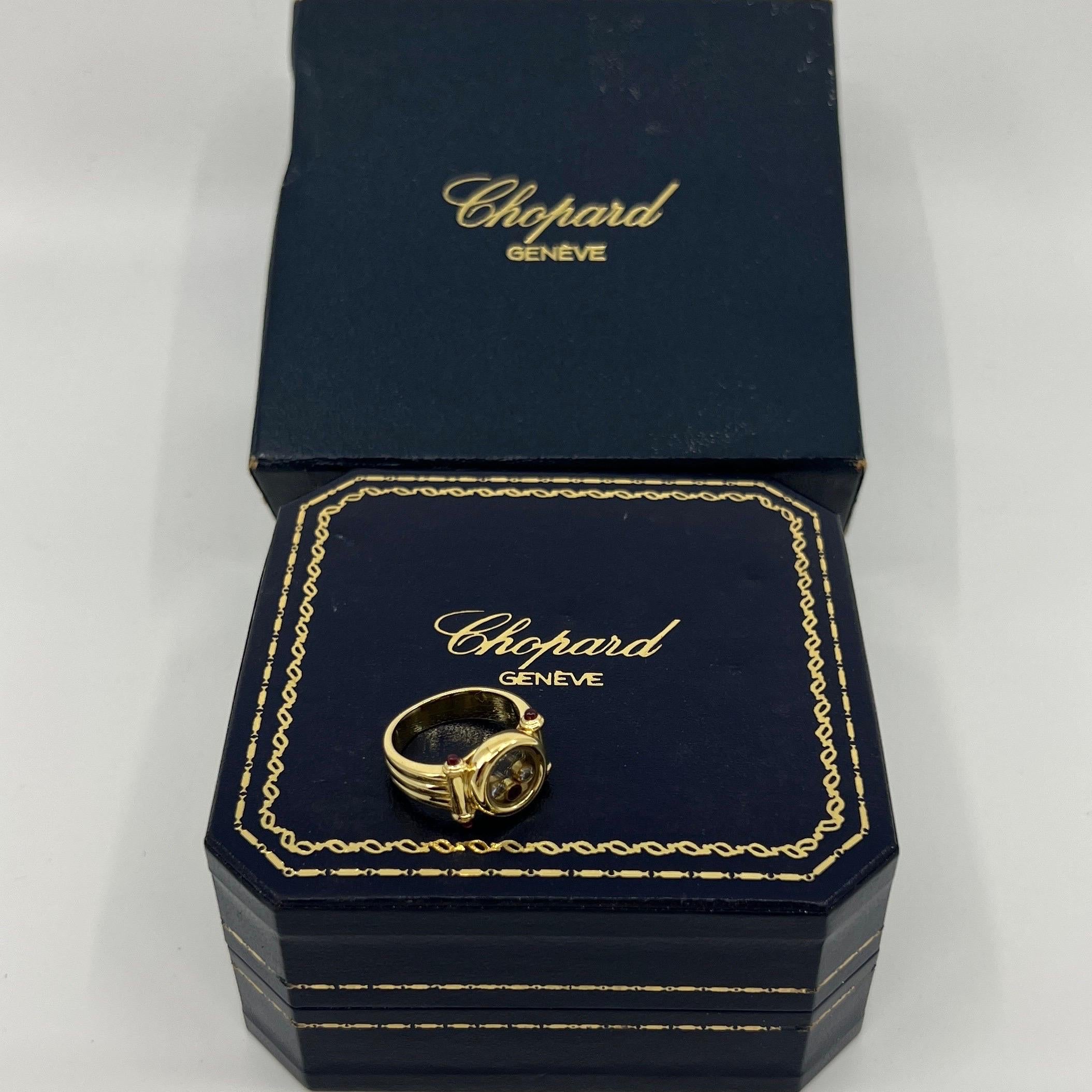 Seltener Vintage Chopard Happy Diamonds Diamanten Rubin & Diamant 18k Gelbgold Ring mit Schachtel 7