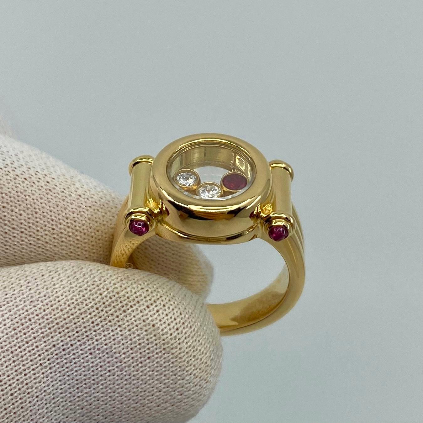 Rare Vintage Chopard Happy Diamonds Ruby & Diamond 18k Yellow Gold Ring with Box 6