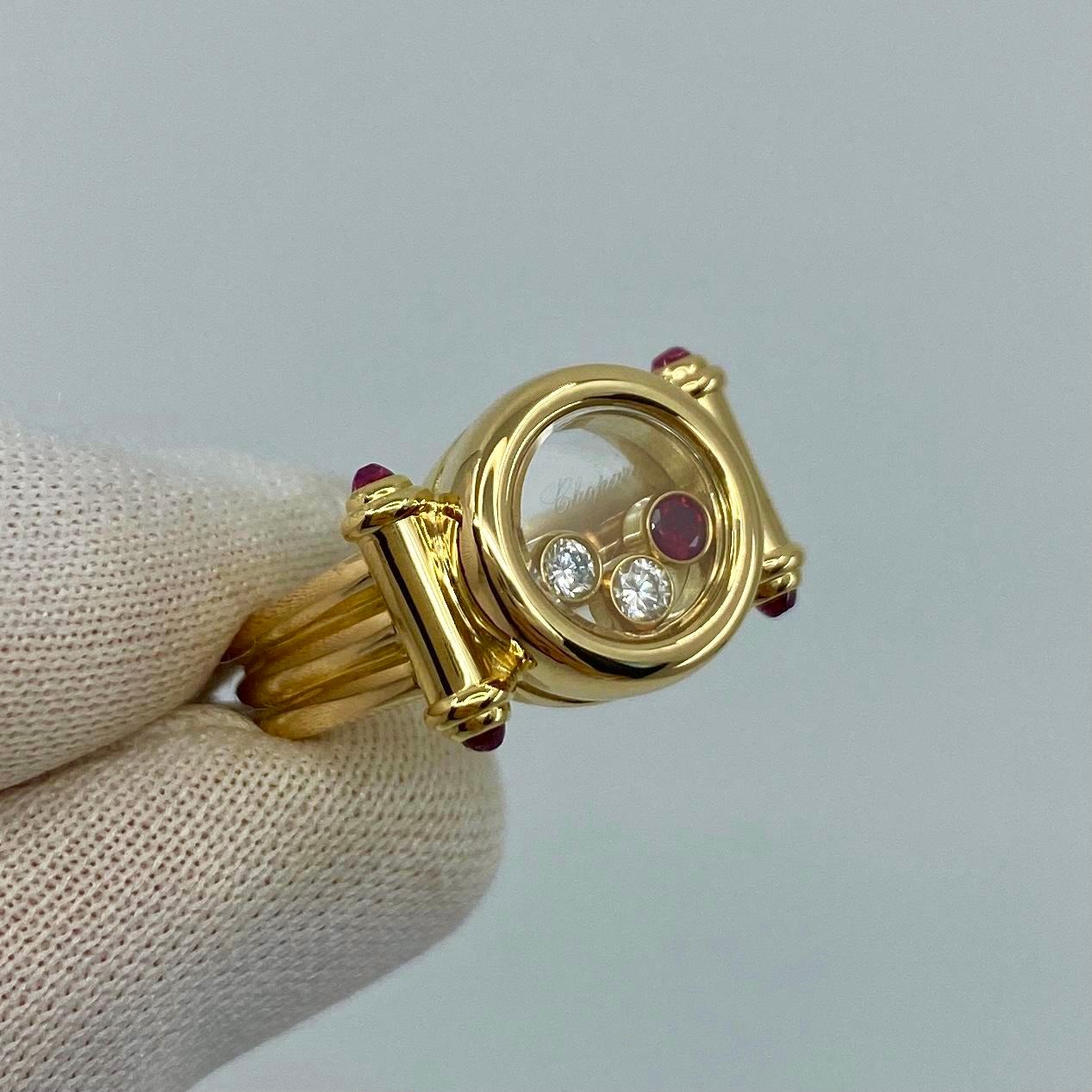 Rare Vintage Chopard Happy Diamonds Ruby & Diamond 18k Yellow Gold Ring with Box 7