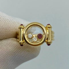 Rare Vintage Chopard Happy Diamonds Ruby & Diamond 18k Yellow Gold Ring with Box