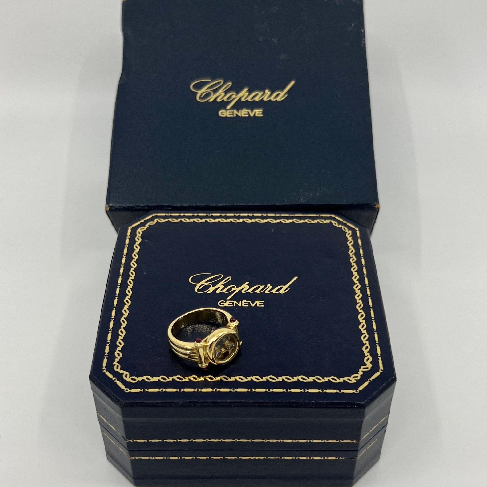 Seltener Vintage Chopard Happy Diamonds Diamanten Rubin & Diamant 18k Gelbgold Ring mit Schachtel (Rundschliff)