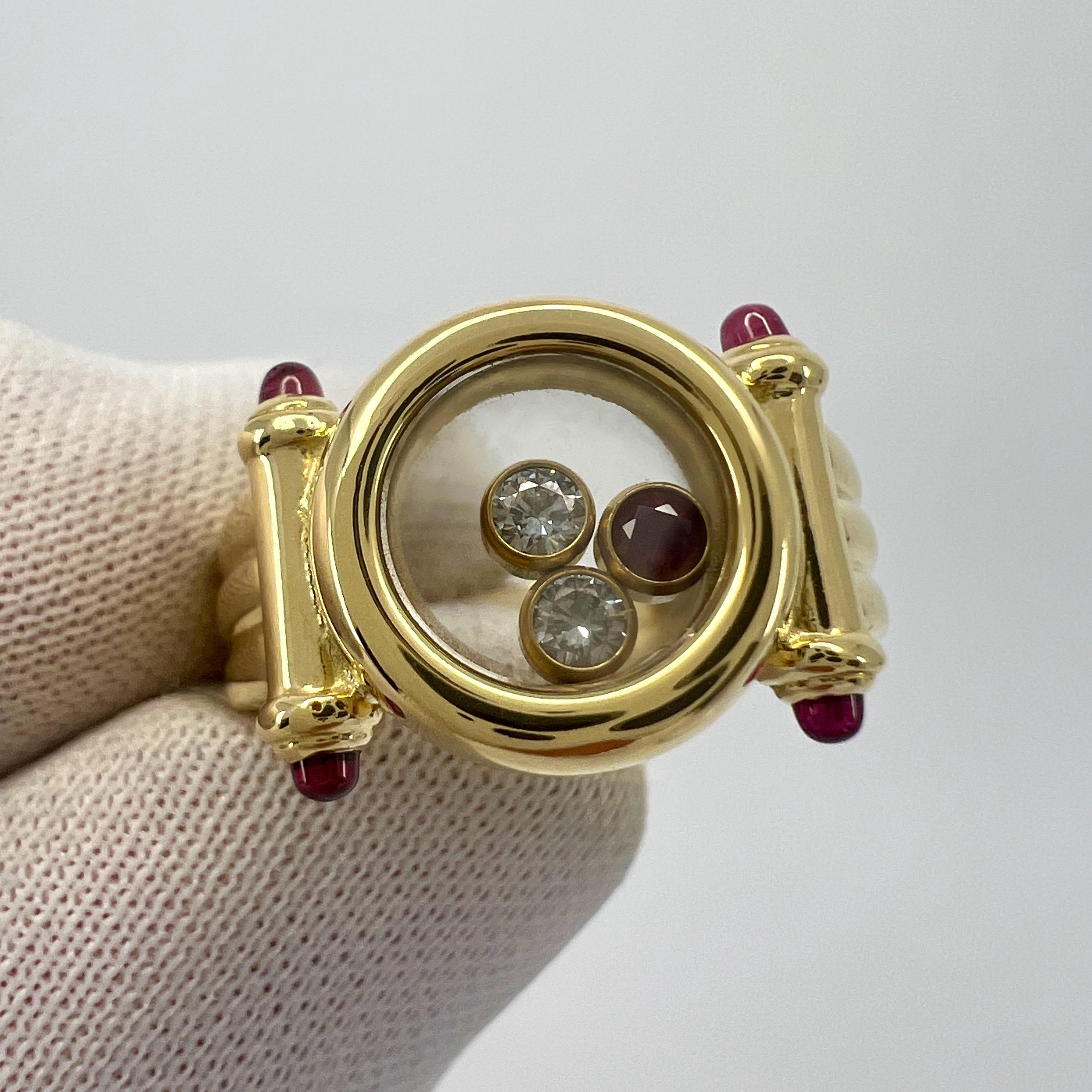 Seltener Vintage Chopard Happy Diamonds Diamanten Rubin & Diamant 18k Gelbgold Ring mit Schachtel für Damen oder Herren
