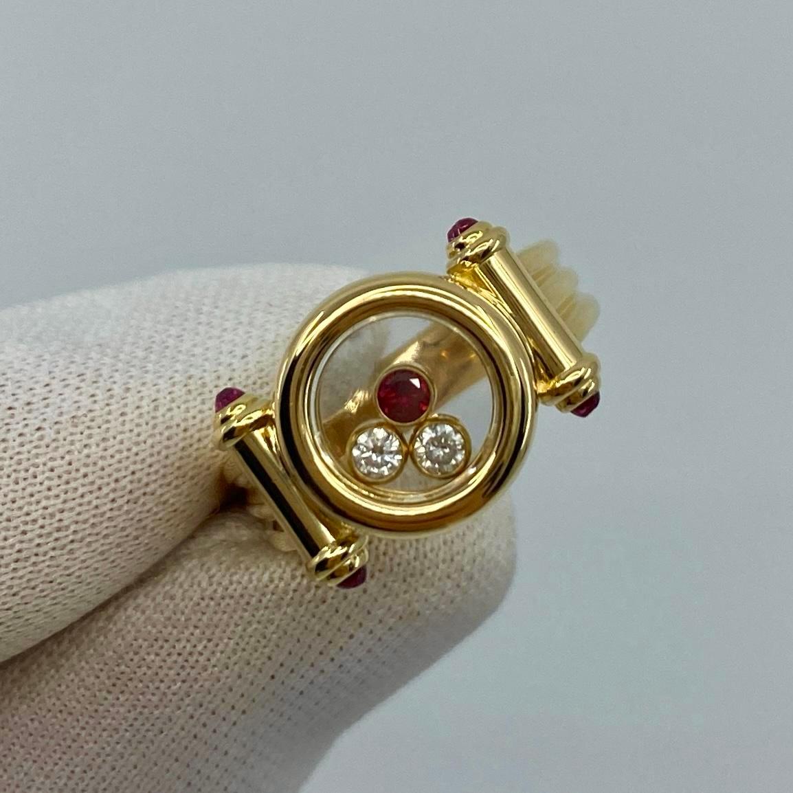 Rare Vintage Chopard Happy Diamonds Ruby & Diamond 18k Yellow Gold Ring with Box In Excellent Condition In Birmingham, GB