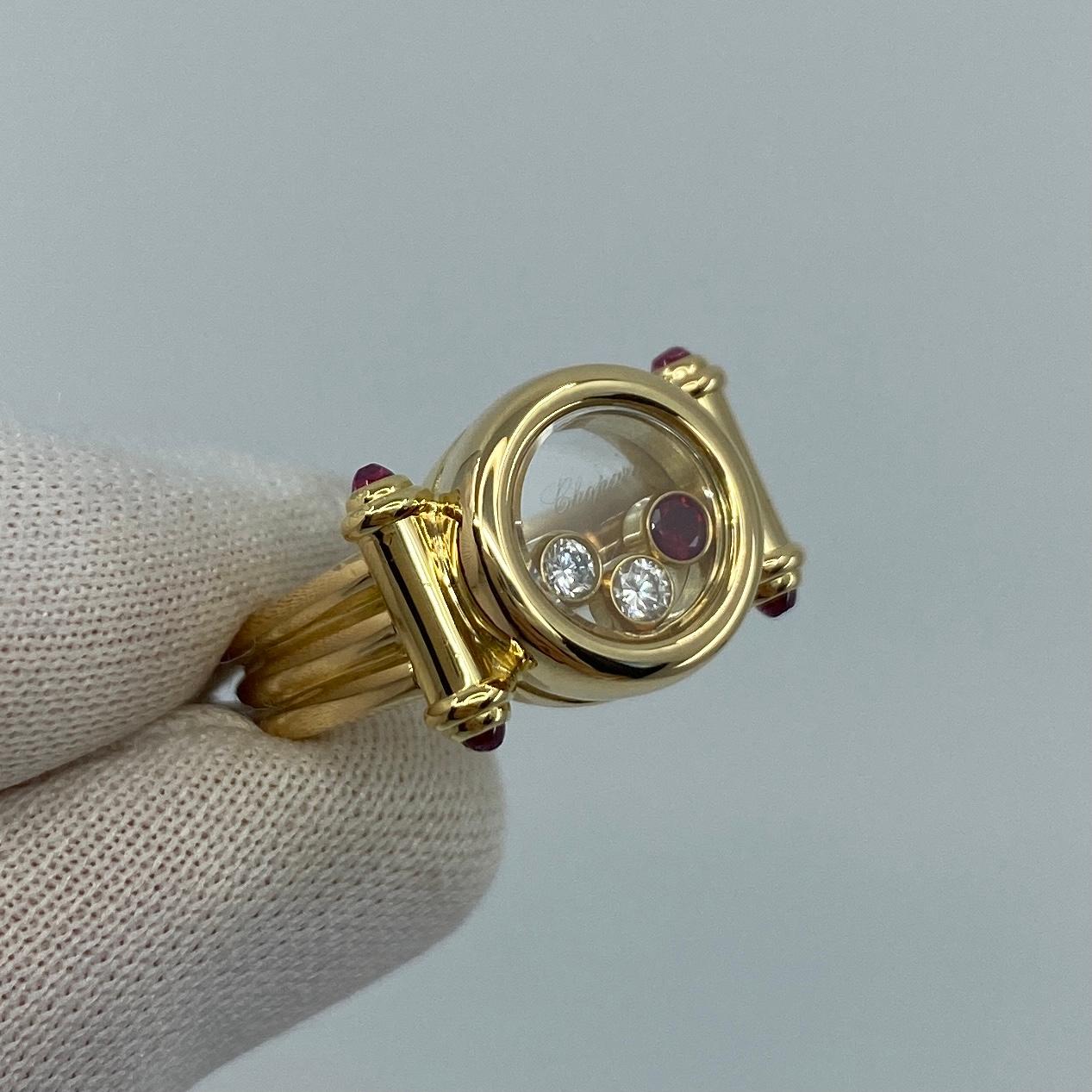 Round Cut Rare Vintage Chopard Happy Diamonds Ruby & Diamond 18k Yellow Gold Ring with Box