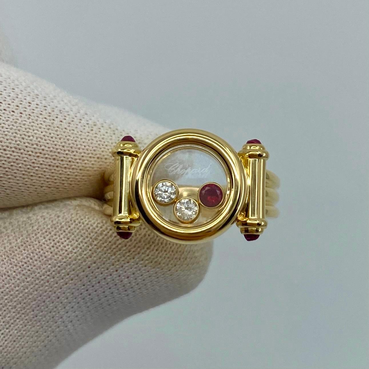 Women's or Men's Rare Vintage Chopard Happy Diamonds Ruby & Diamond 18k Yellow Gold Ring with Box