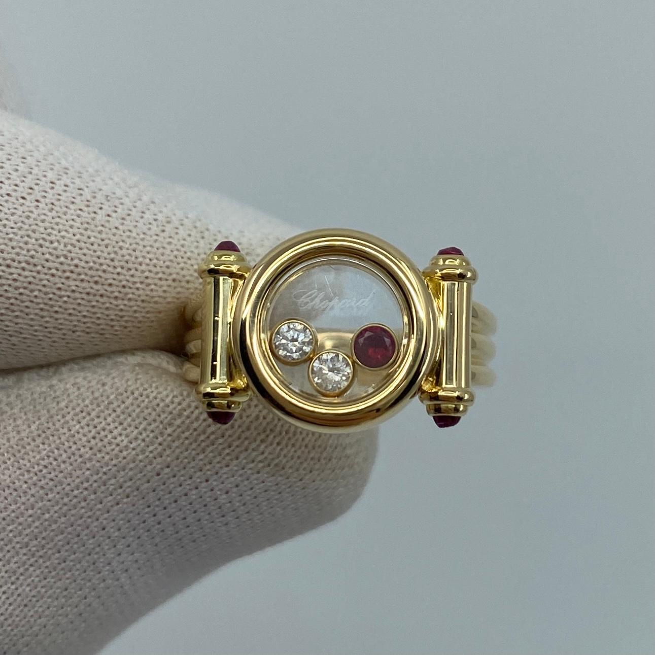Rare Vintage Chopard Happy Diamonds Ruby & Diamond 18k Yellow Gold Ring with Box In Good Condition In Birmingham, GB