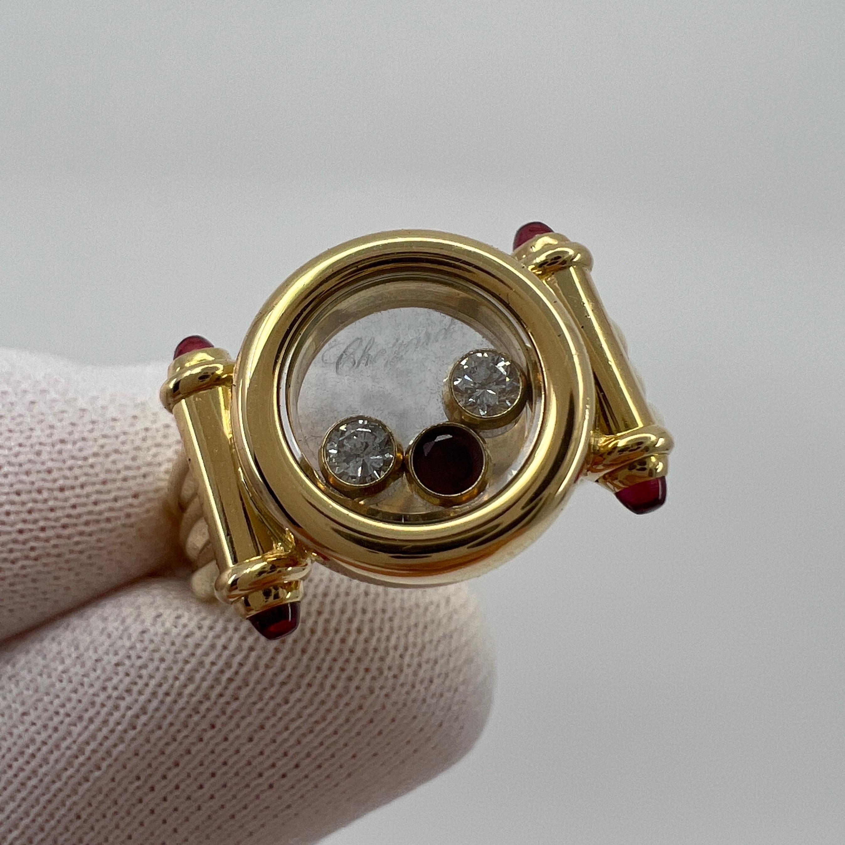 Rare Vintage Chopard Happy Diamonds Ruby & Diamond 18k Yellow Gold Ring with Box In Good Condition In Birmingham, GB
