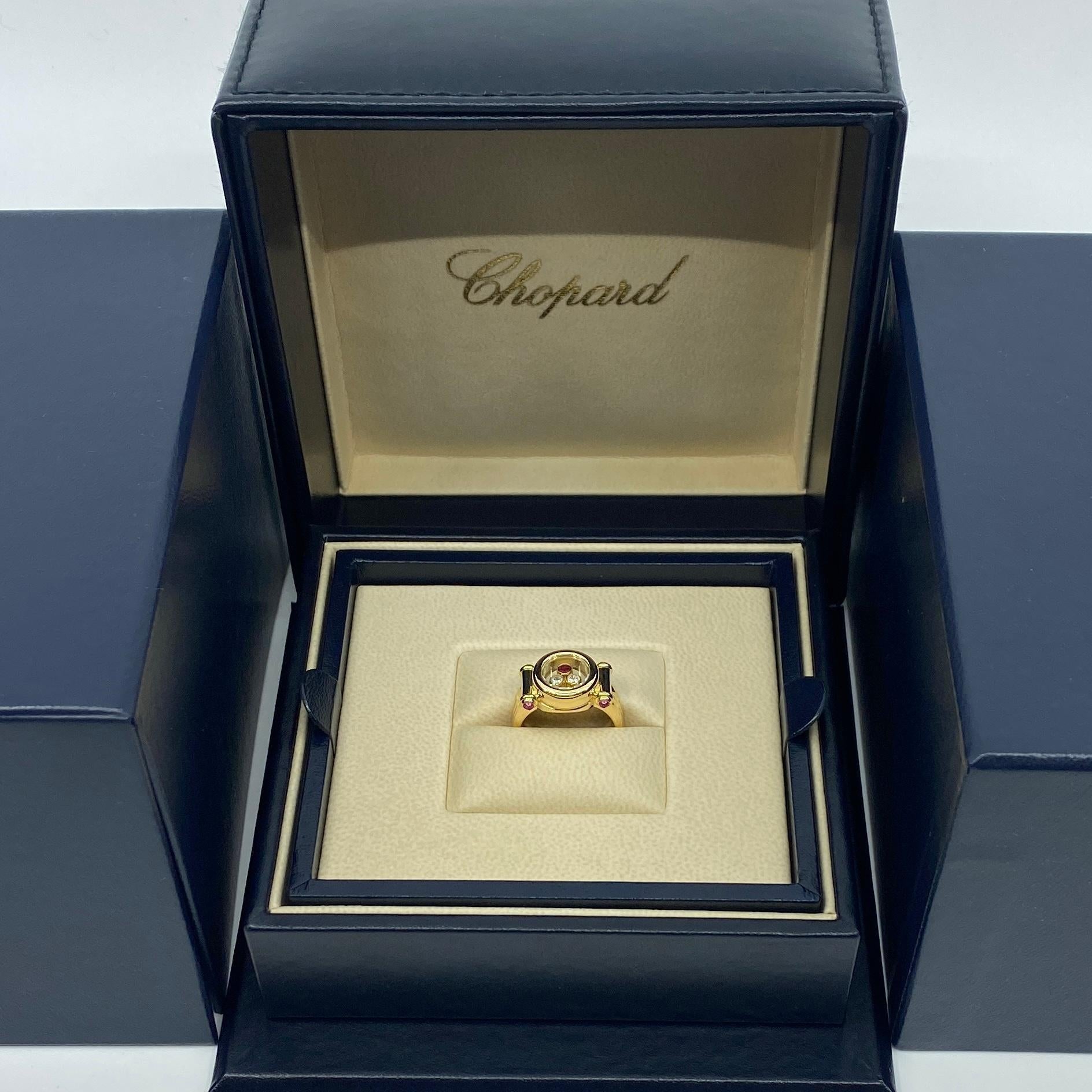 Rare Vintage Chopard Happy Diamonds Ruby & Diamond 18k Yellow Gold Ring with Box 1