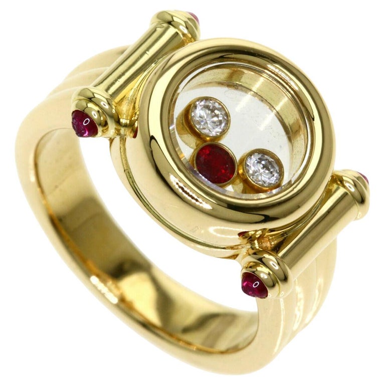 Rare Vintage Chopard Happy Diamonds Ruby and Diamond 18k Yellow Gold Ring  with Box at 1stDibs