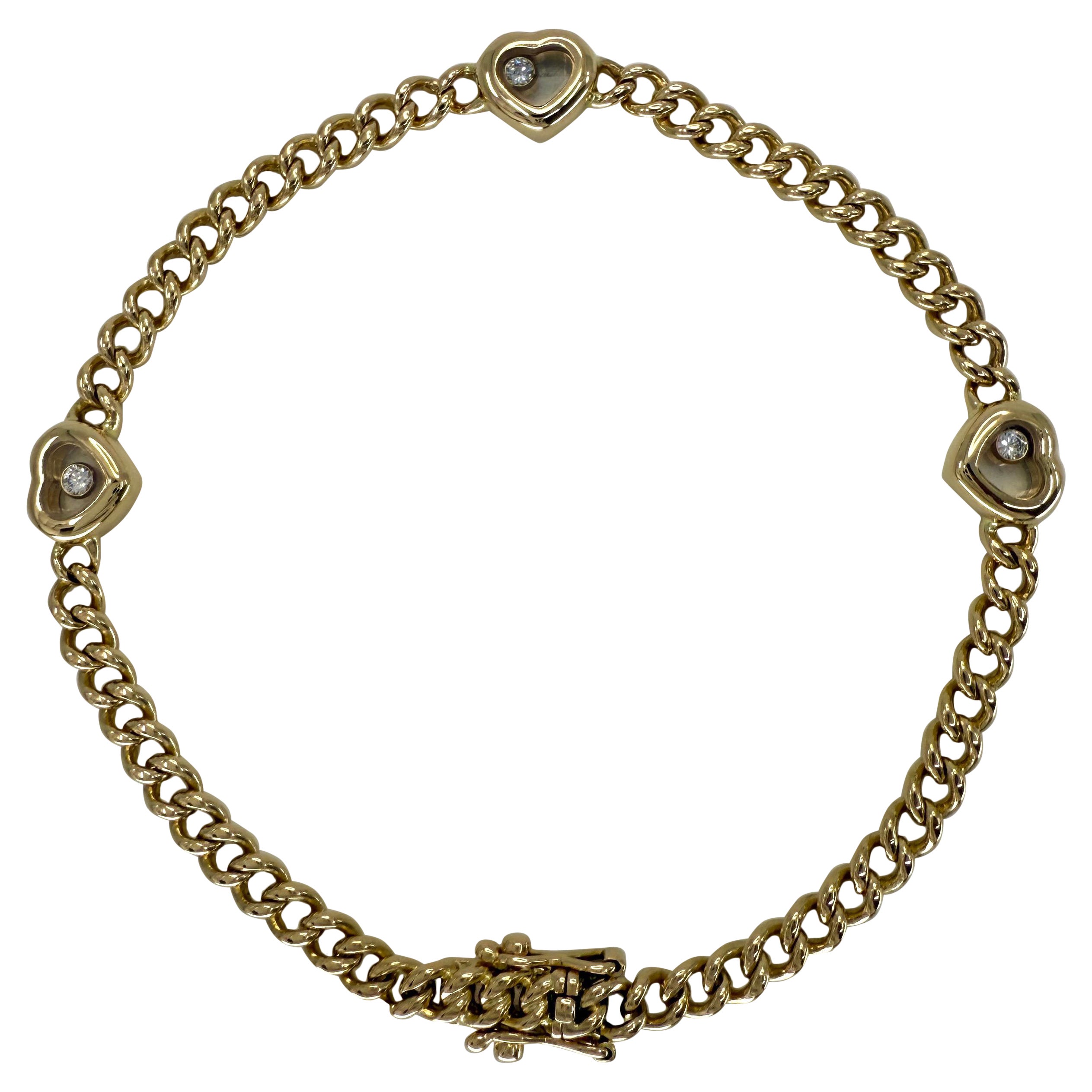 Raro Vintage Chopard Love Heart Happy Diamonds Curb Pulsera 18k Oro Amarillo