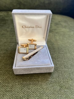 Rare Vintage Christian Dior Gold Plate Cufflinks & Tie Clip Original Case
