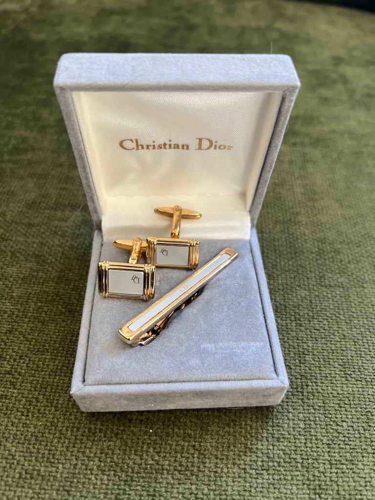 Rare Vintage Christian Dior Gold Plate Cufflinks and Tie Clip